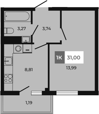 Планировка — Соседи, 1-комн., 30 м²