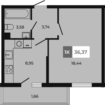 Планировка — Соседи, 1-комн., 35 м²
