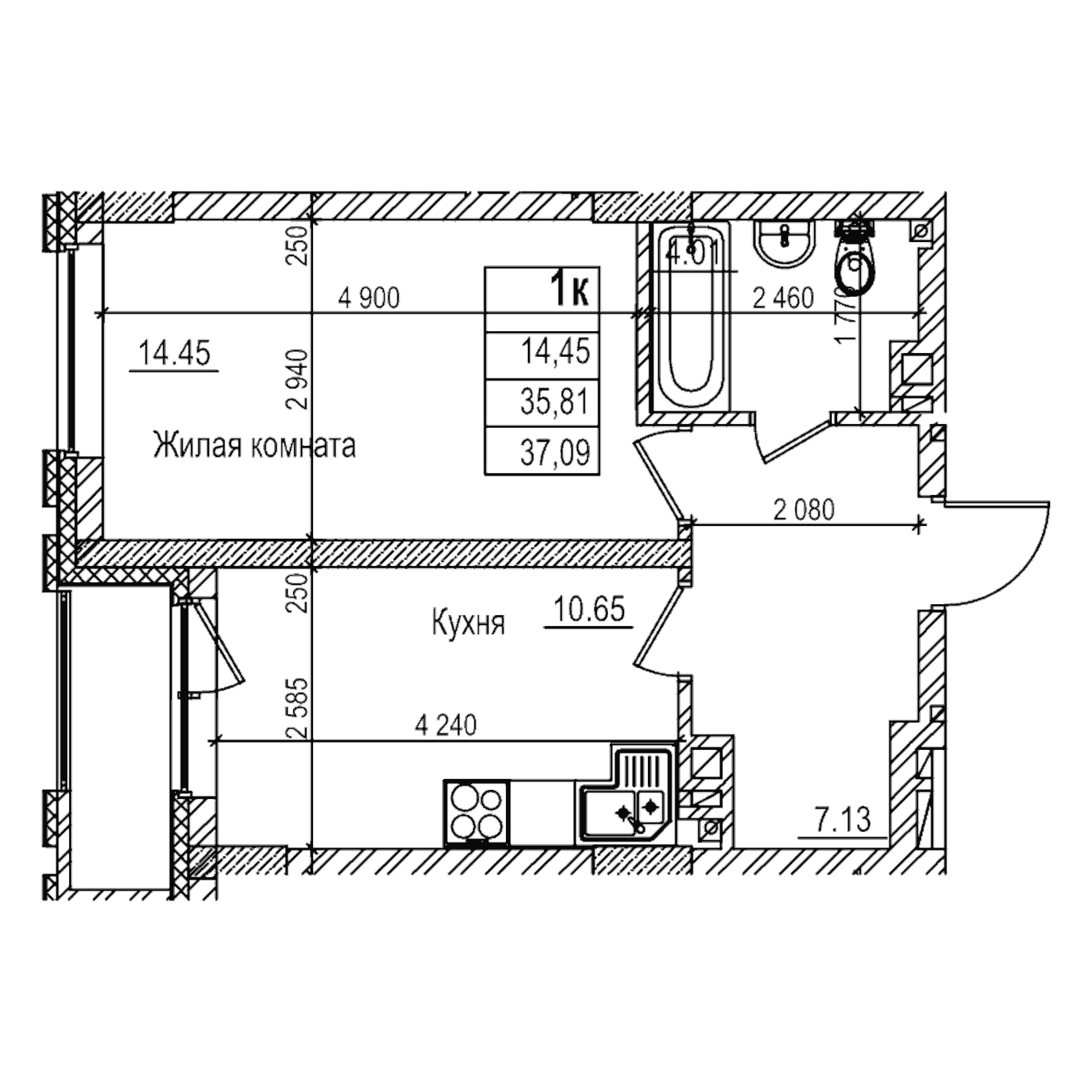 Планировка — Чернышевский, 1-комн., 36 м²