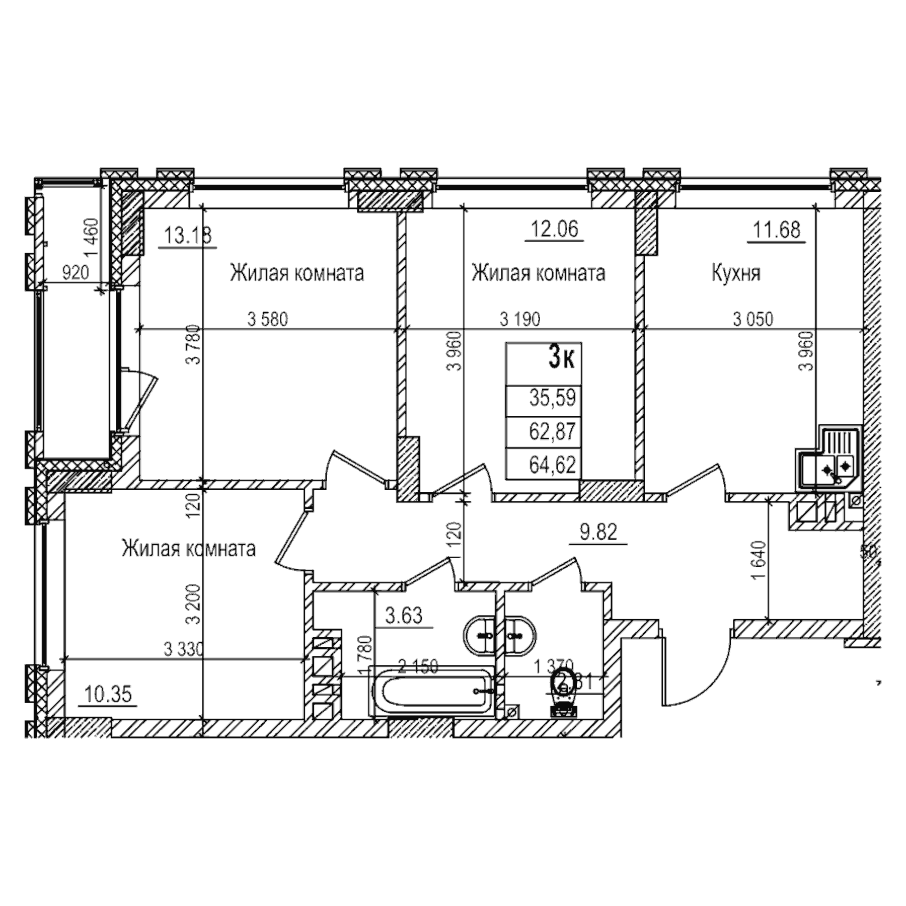Планировка — Чернышевский, 3-комн., 63 м²
