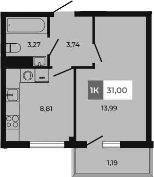 Планировка — Соседи, 1-комн., 30 м²