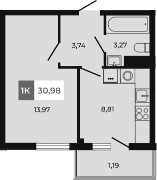 Планировка — Соседи, 1-комн., 30 м²