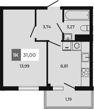 Планировка — Соседи, 1-комн., 30 м²