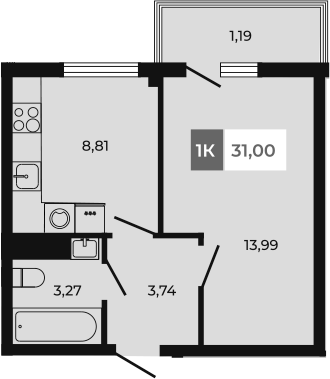 Планировка — Соседи, 1-комн., 30 м²