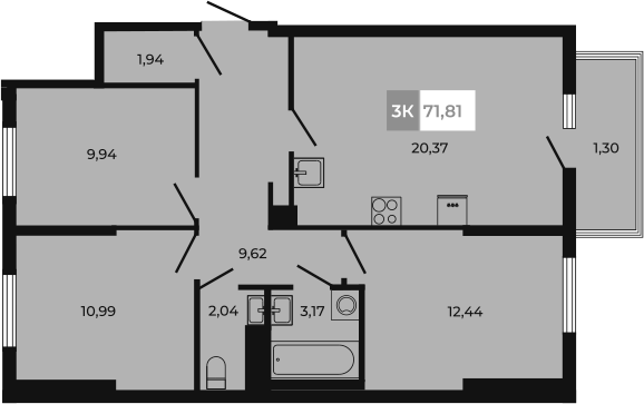 Планировка — Соседи, 3-комн., 71 м²