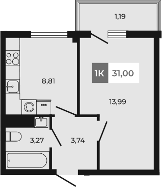 Планировка — Соседи, 1-комн., 30 м²