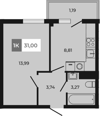 Планировка — Соседи, 1-комн., 30 м²