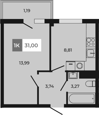 Планировка — Соседи, 1-комн., 30 м²