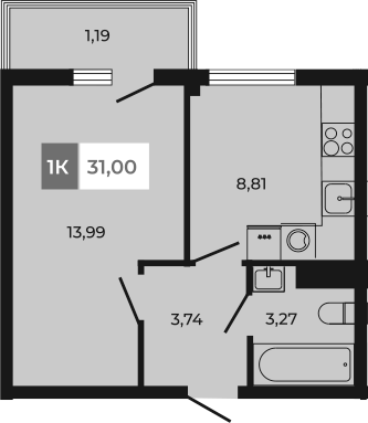 Планировка — Соседи, 1-комн., 30 м²