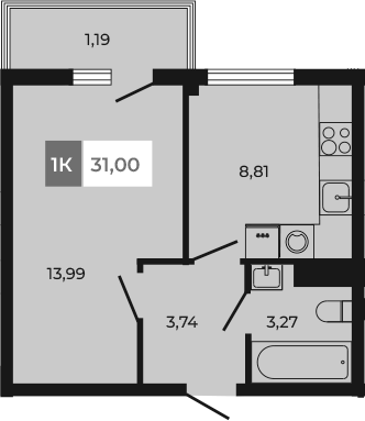 Планировка — Соседи, 1-комн., 30 м²