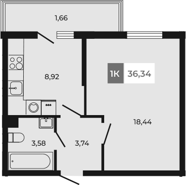 Планировка — Соседи, 1-комн., 35 м²