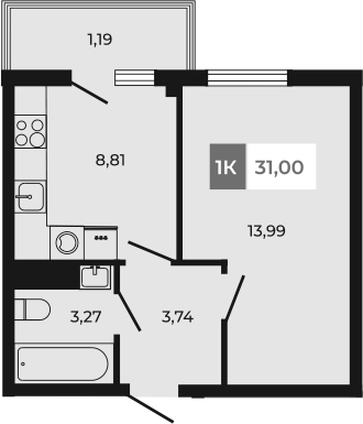 Планировка — Соседи, 1-комн., 30 м²
