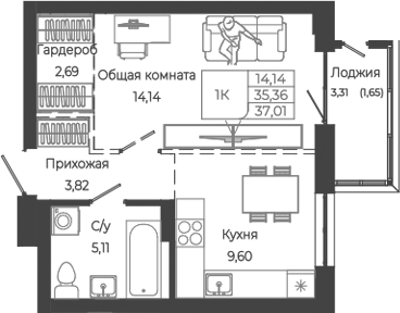 Планировка — Маяковский-2. Барнаул, 1-комн., 35 м²