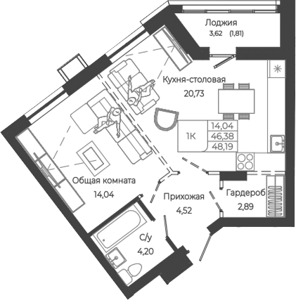 Планировка — Маяковский-2. Барнаул, 1-комн., 46 м²