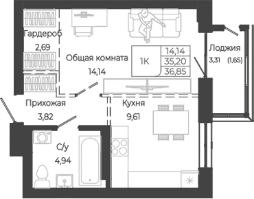 Планировка — Маяковский-2. Барнаул, 1-комн., 35 м²