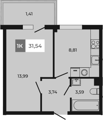 Планировка — Соседи, 1-комн., 30 м²