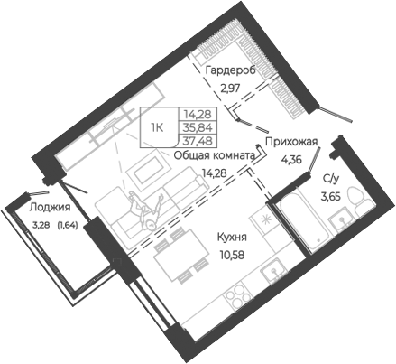 Планировка — Маяковский-2. Барнаул, 1-комн., 36 м²