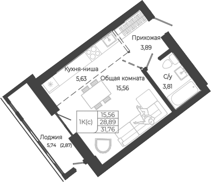 Планировка — Маяковский-2. Барнаул, Студия, 29 м²