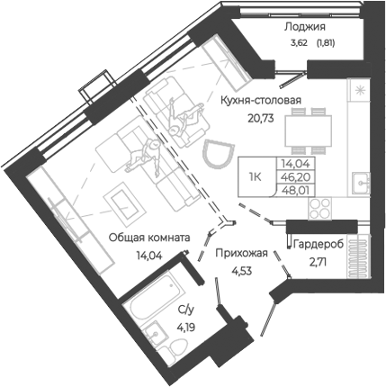 Планировка — Маяковский-2. Барнаул, 1-комн., 46 м²