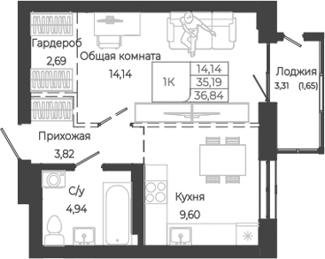 Планировка — Маяковский-2. Барнаул, 1-комн., 35 м²