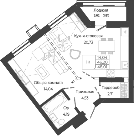 Планировка — Маяковский-2. Барнаул, 1-комн., 46 м²