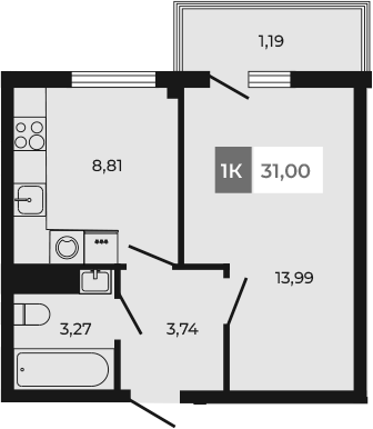 Планировка — Соседи, 1-комн., 30 м²