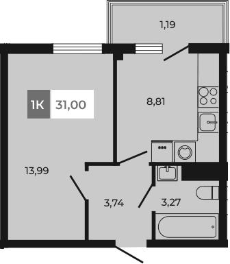 Планировка — Соседи, 1-комн., 30 м²