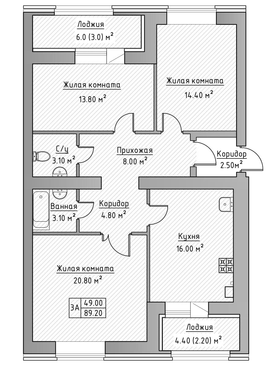 Планировка — Зеленая долина, 3-комн., 84 м²