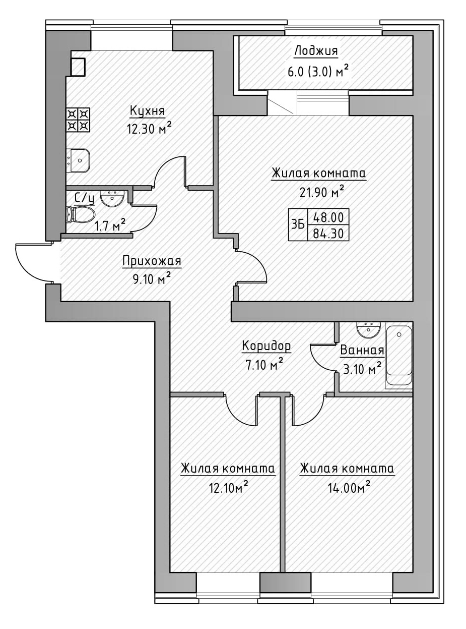 Планировка — Зеленая долина, 3-комн., 83 м²