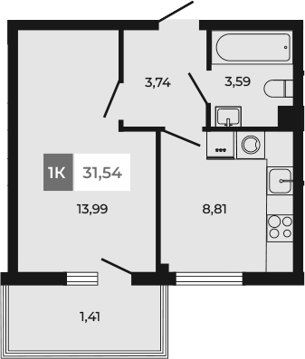 Планировка — Соседи, 1-комн., 30 м²