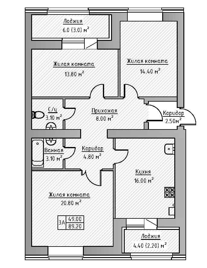 Планировка — Зеленая долина, 3-комн., 84 м²