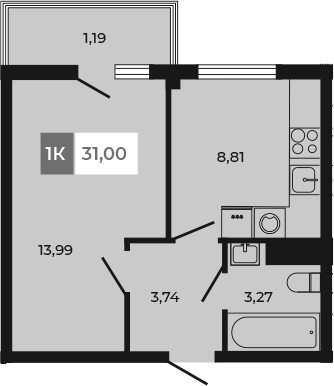 Планировка — Соседи, 1-комн., 30 м²