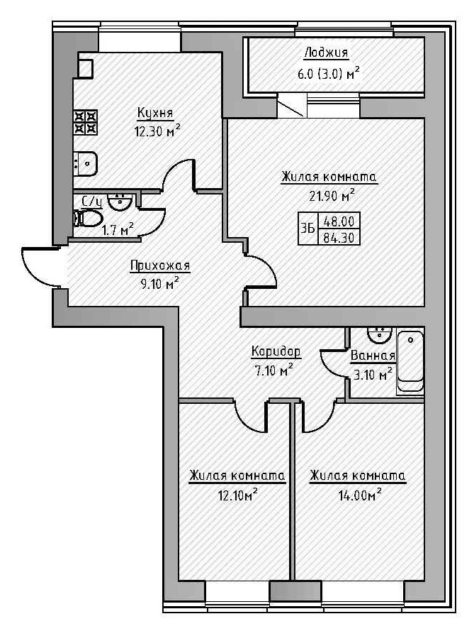 Планировка — Зеленая долина, 3-комн., 81 м²