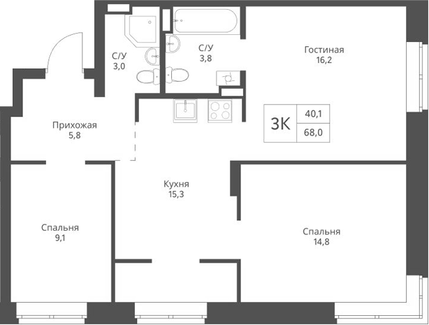 Планировка — Экоград 12 дворов, 3-комн., 68 м²