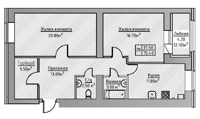 Планировка — Зеленая долина, 2-комн., 73 м²
