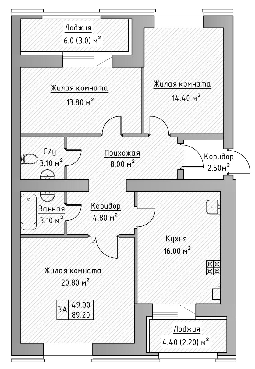 Планировка — Зеленая долина, 3-комн., 84 м²