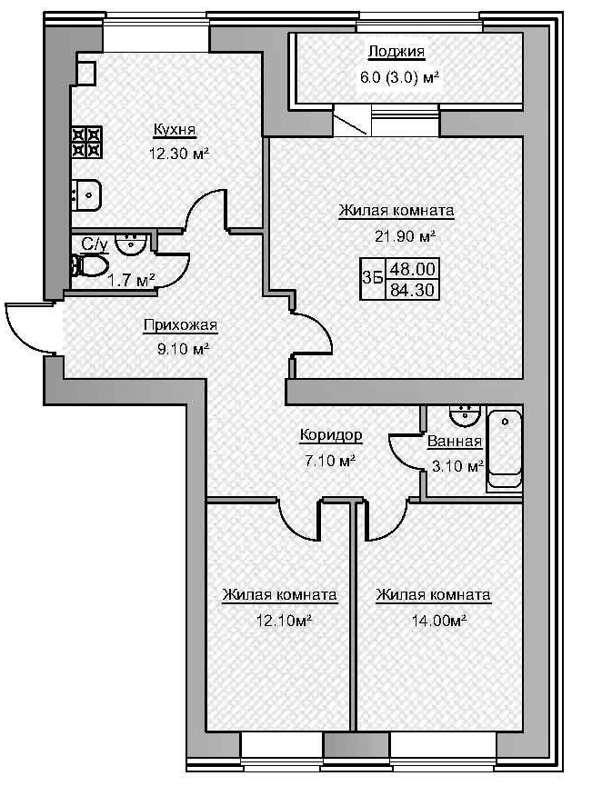 Планировка — Зеленая долина, 3-комн., 81 м²