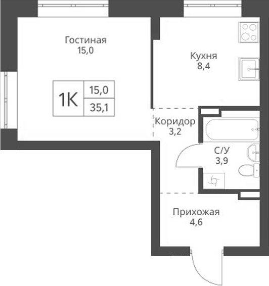 Планировка — Экоград 12 дворов, 1-комн., 35 м²
