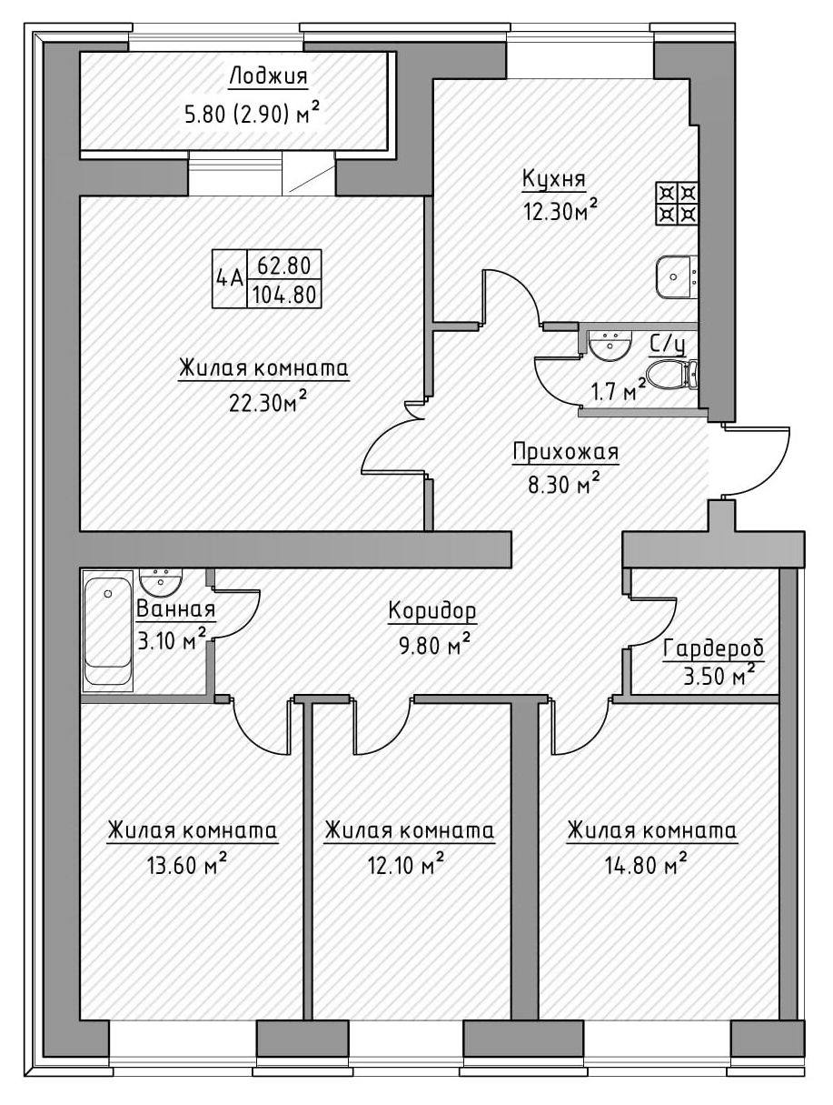 Планировка — Зеленая долина, 4-комн., 104 м²