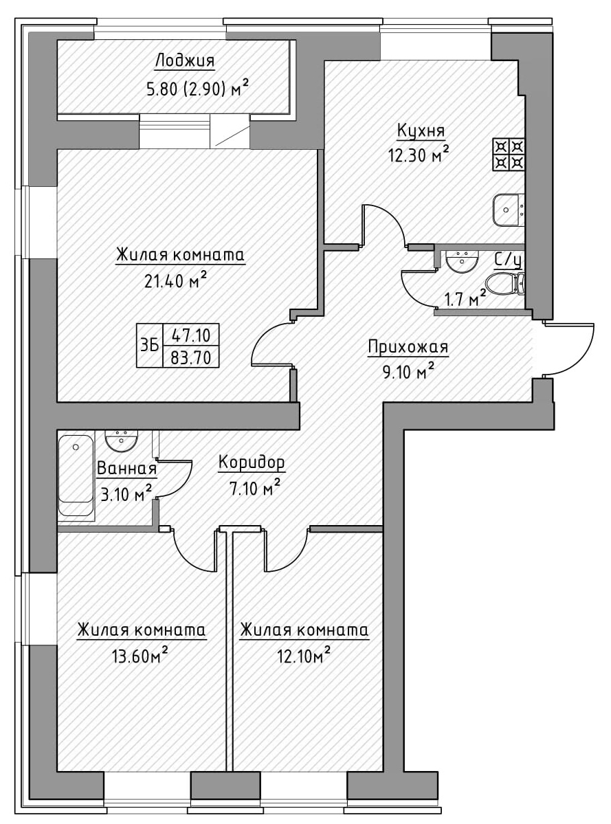 Планировка — Зеленая долина, 3-комн., 82 м²