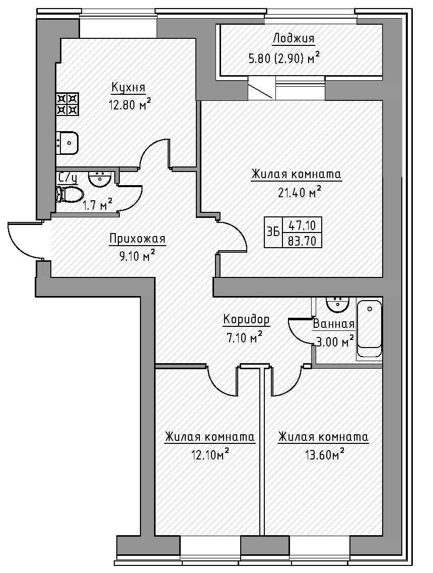 Планировка — Зеленая долина, 3-комн., 81 м²