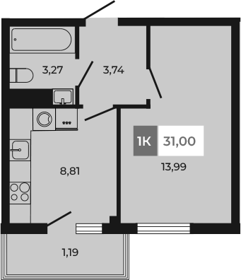Планировка — Соседи, 1-комн., 30 м²