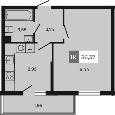 Планировка — Соседи, 1-комн., 35 м²