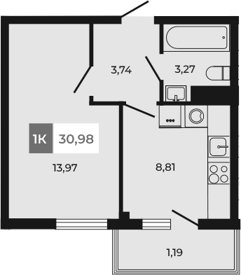 Планировка — Соседи, 1-комн., 30 м²