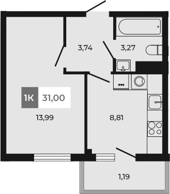 Планировка — Соседи, 1-комн., 30 м²