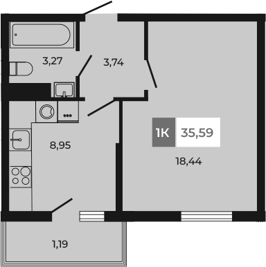 Планировка — Соседи, 1-комн., 34 м²