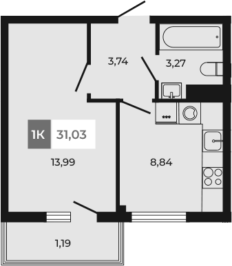 Планировка — Соседи, 1-комн., 30 м²