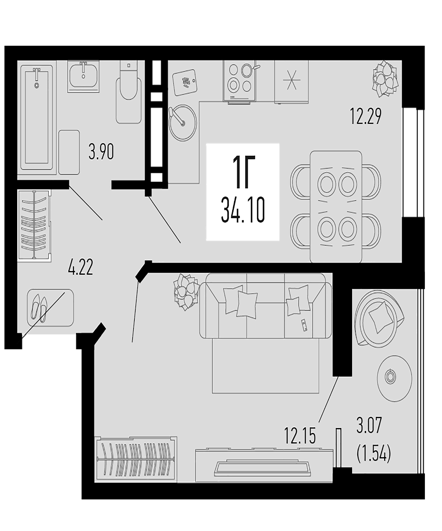 Планировка — Столицыно, 1-комн., 33 м²