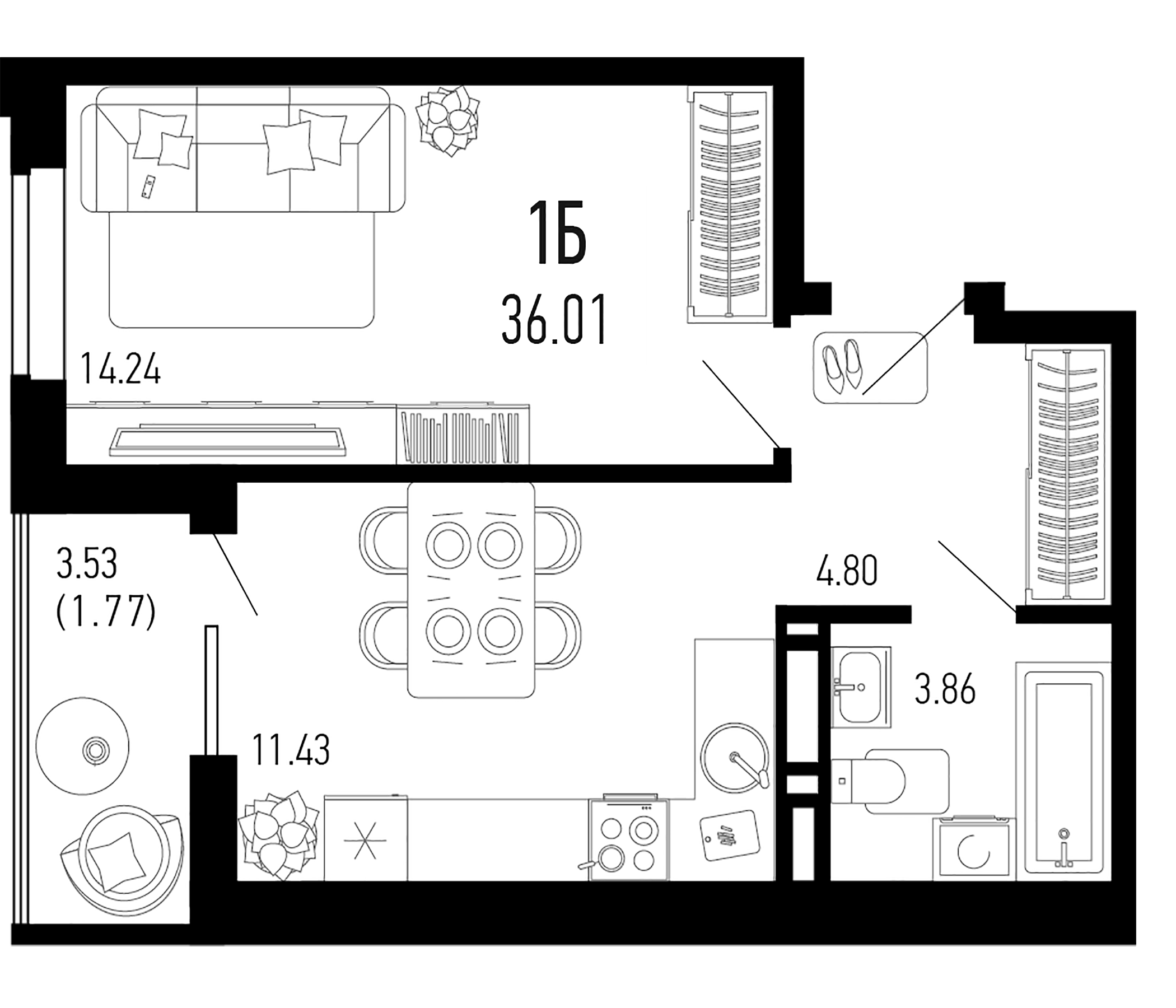 Планировка — Столицыно, 1-комн., 34 м²