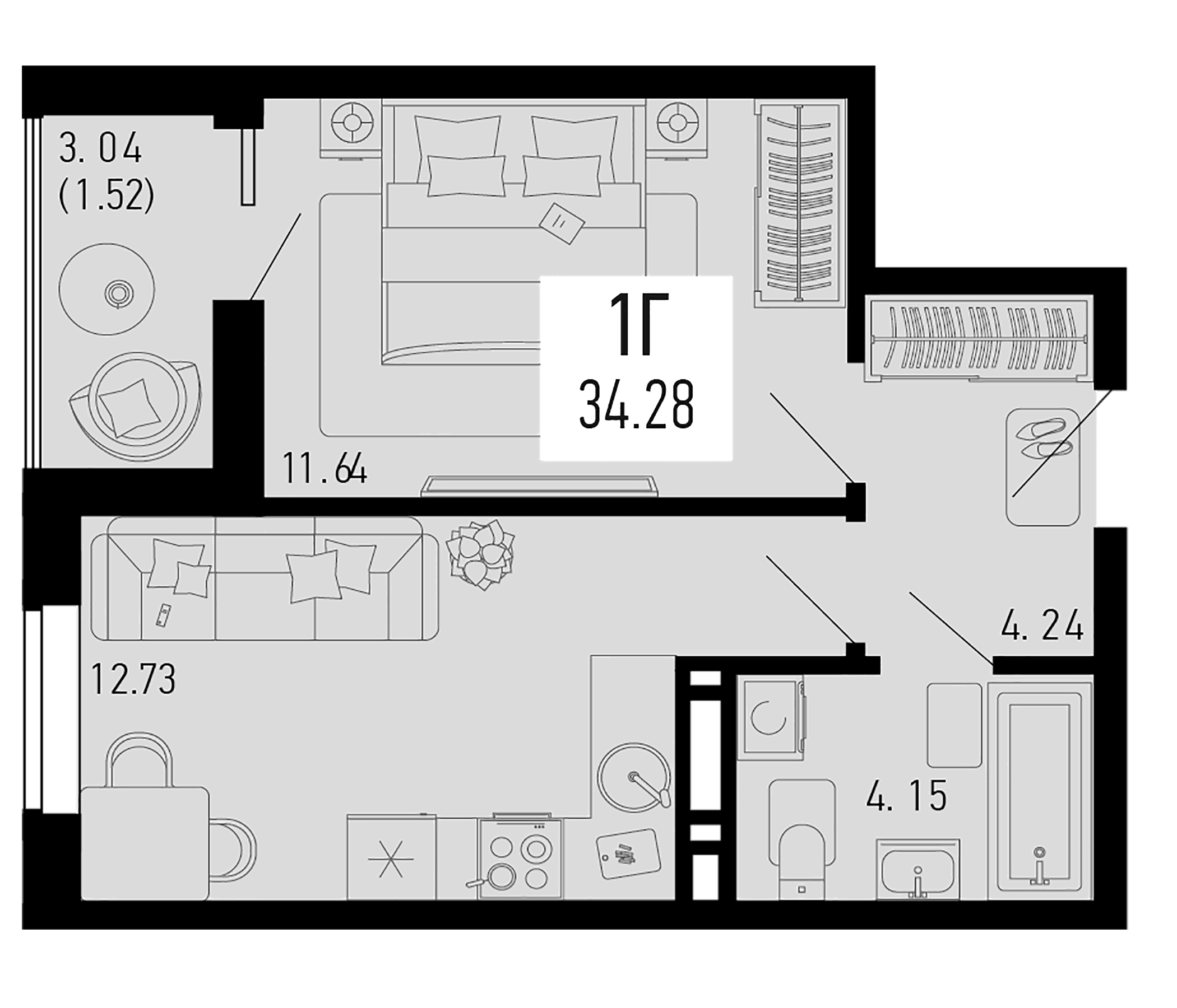 Планировка — Столицыно, 1-комн., 33 м²